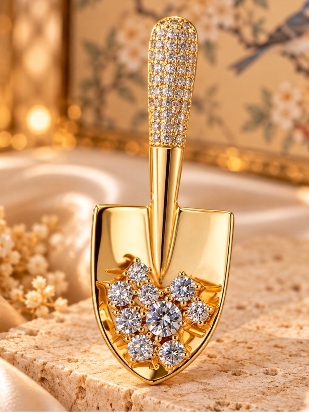 Crystal Garden Shovel Brooch Pin – Gold Tone Statement Brooch